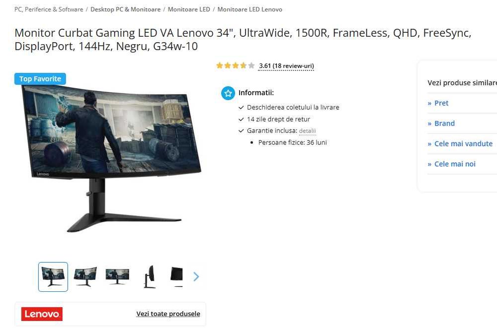 Monitor Curbat Ultrawide 34 inch LENOVO UHD 144Hz - CA NOU !