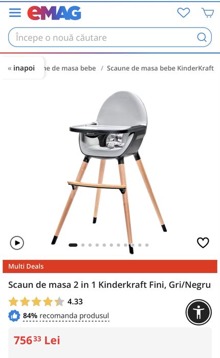 Scaun de masa 2 in 1 Kinderkraft Fini, Gri/Negru