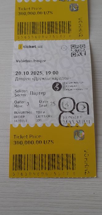 Vohidjon Isoqov konsertiga 2ta bilet (srocna)(bugunga)