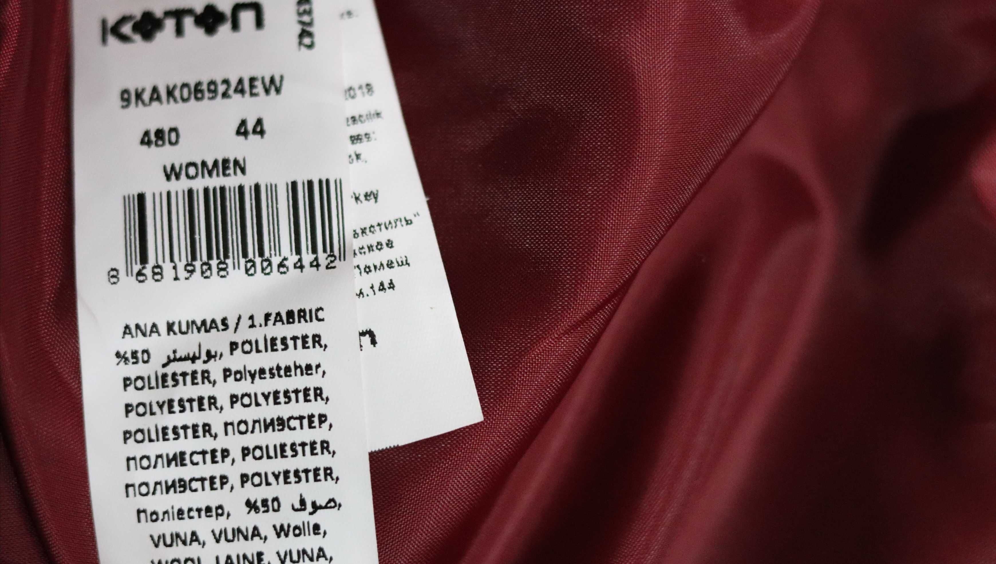 Palton dama L, Koton 44, rosu, lana amestec, nou cu eticheta