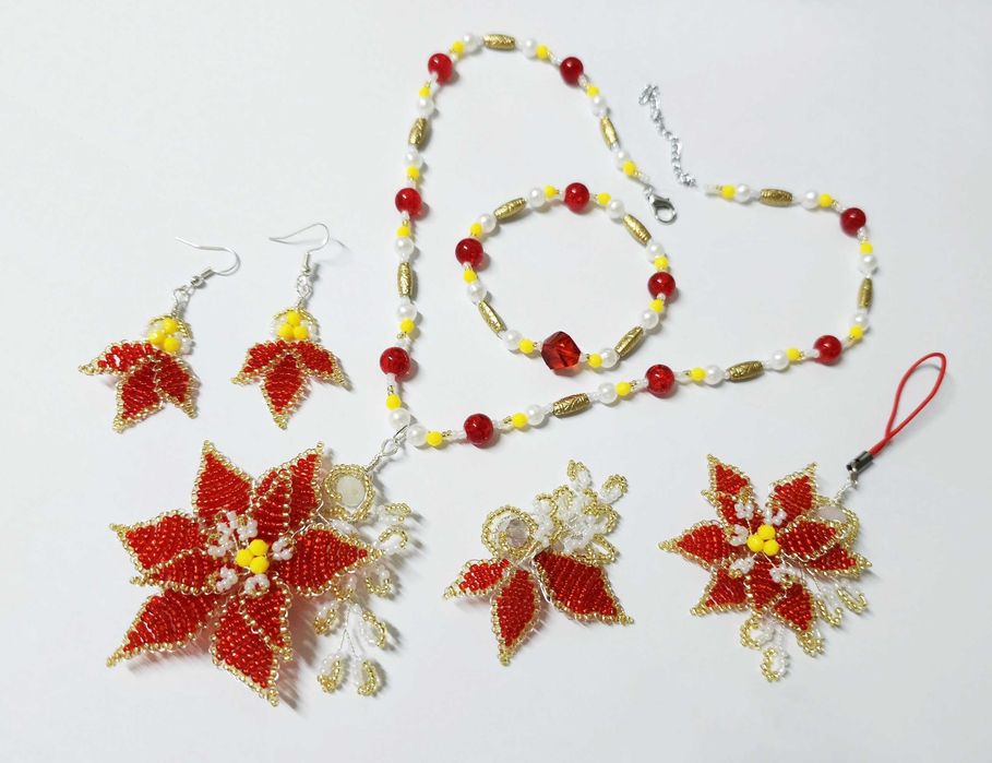 Reducere! Set unicat Craciunita rosu si auriu, floare Craciun, 5 piese