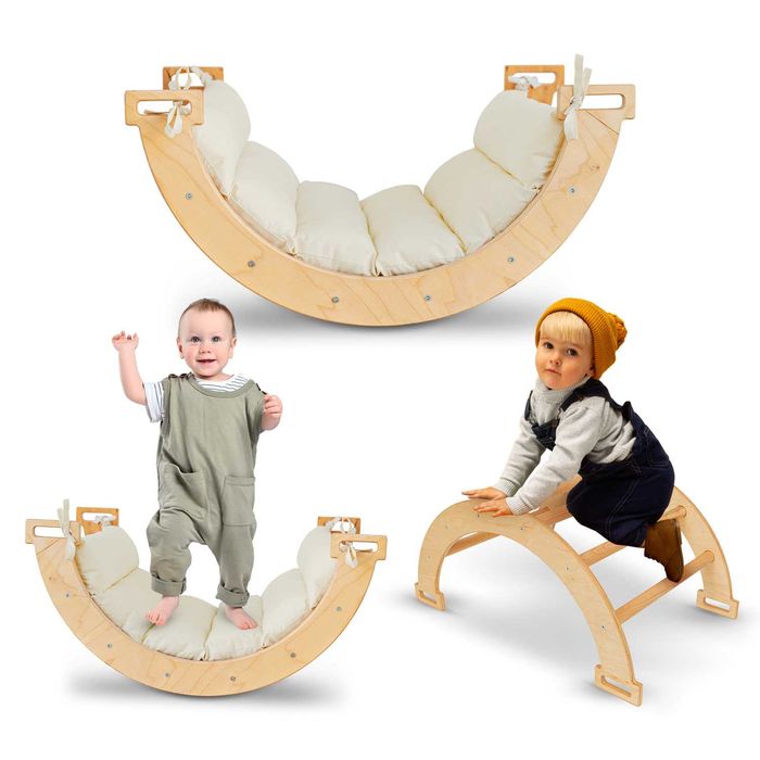 Balansoar Pikler din lemn, tip Montessori, multifunctional, salteluta