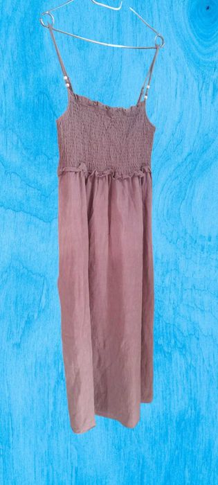 Rochie din amestec de in, linie A, fara maneci, maro