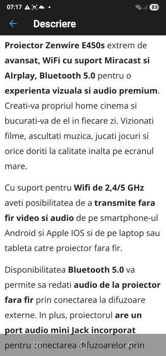 Mini videoproiector Zenwire wifi, Bluetooth,chromecast incorporat,noi