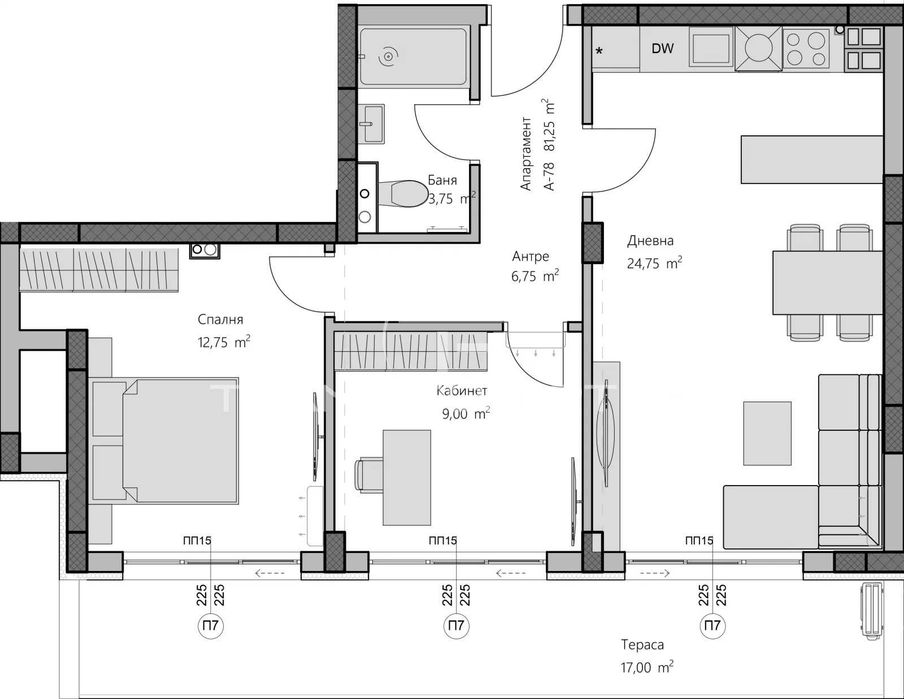 Тристаен апартамент Христо Смирненски