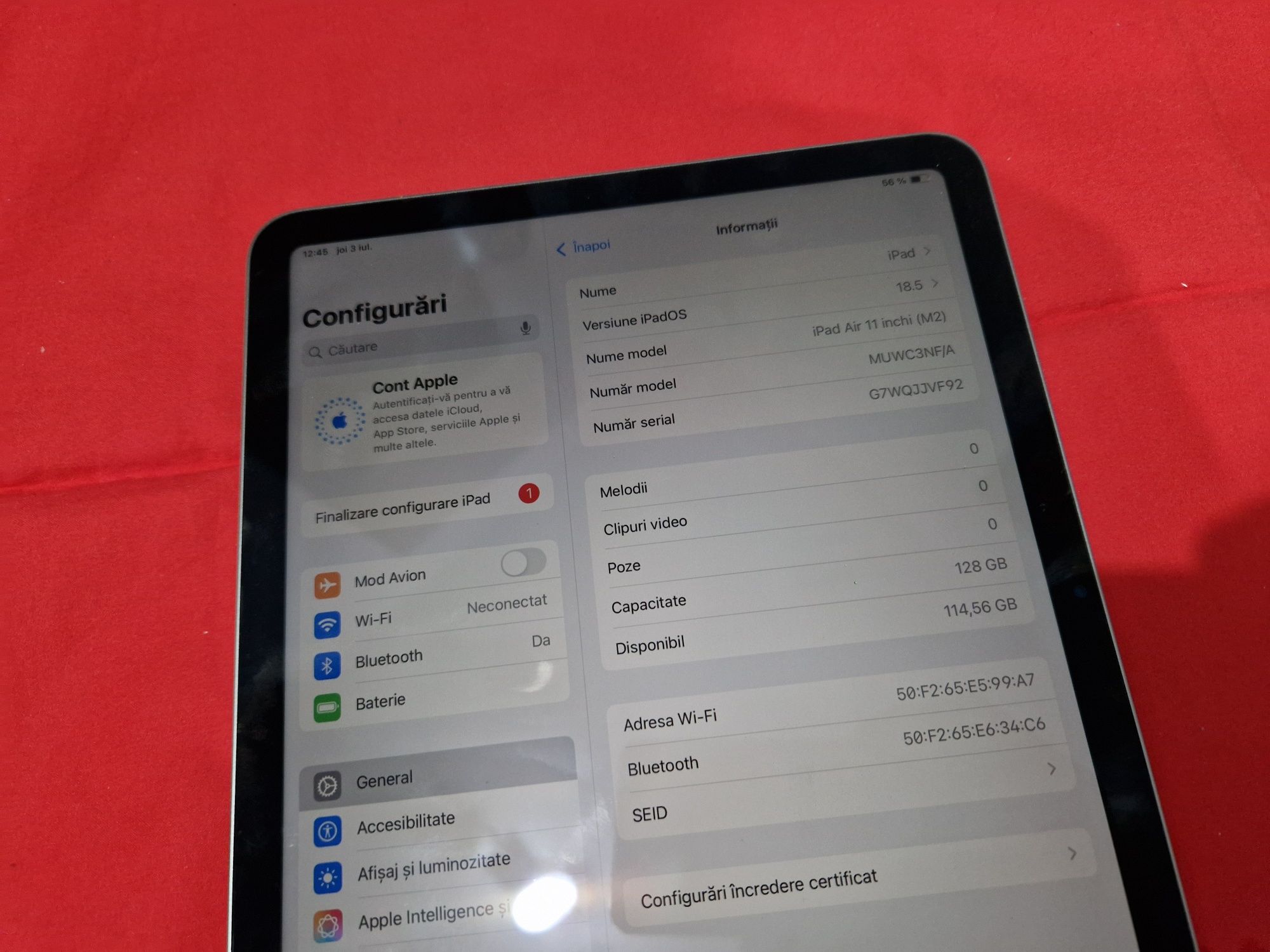 -Ipad Air 11inchi M2, MUWC3NF/A, Nou,  128Gb, 8Ram, bat: 100%-8cicluri