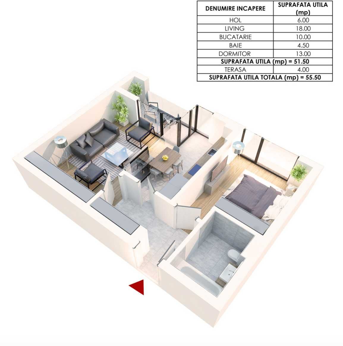 Apartament 2 camere de inchiriat, incalzire pardoseala