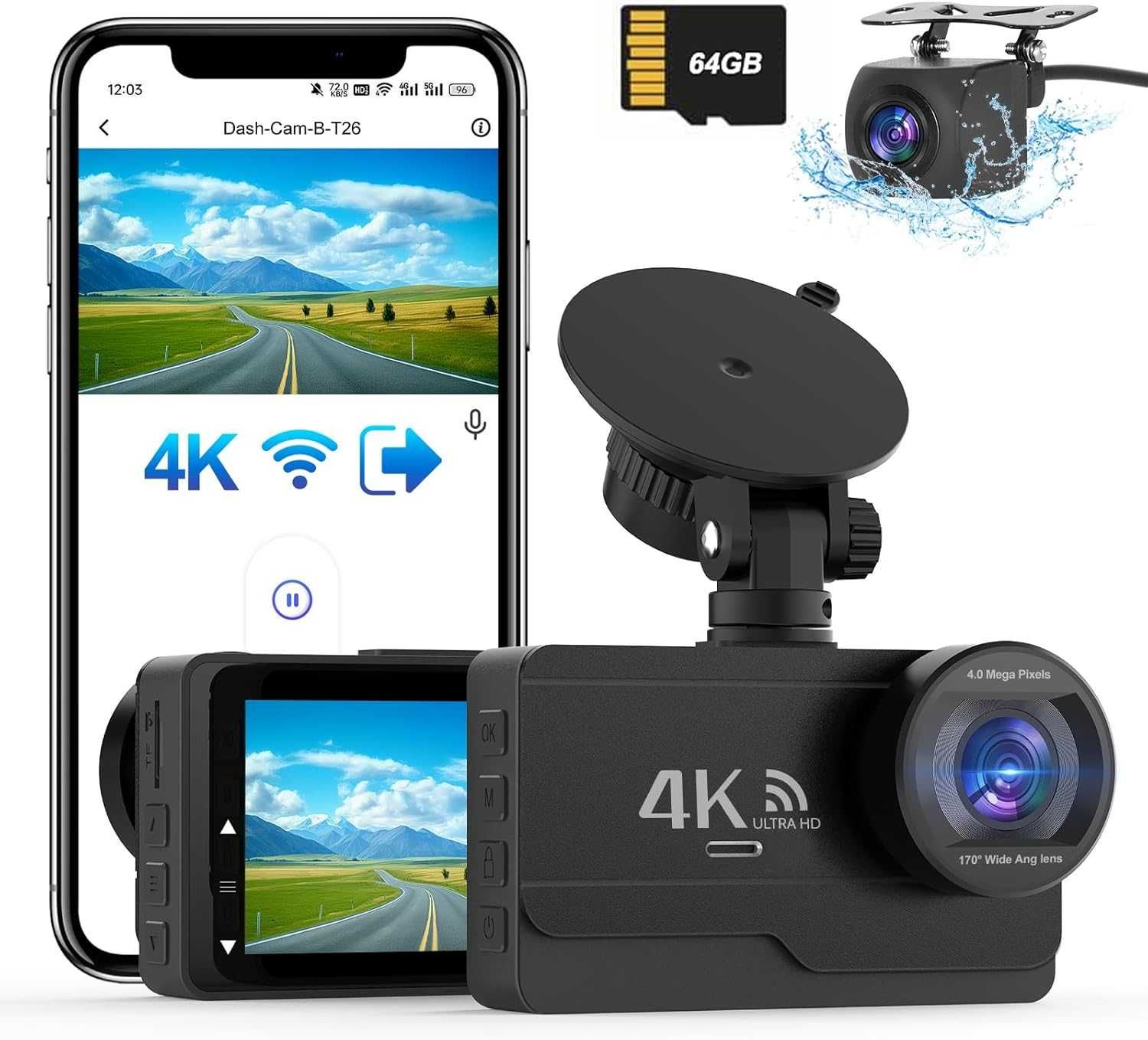 DYNACAM 4K/2K+1080P Dash Cam отпред и отзад, 64GB карта, 170°,G-сензор