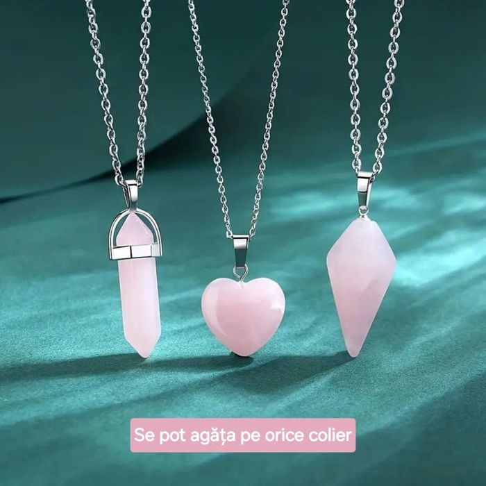 Set 3 cristale Cuarț Roz+Colier piele eco. Reiki, aduc iubire, noroc.