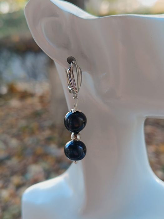 Cercei din argint 925 cu perle culoarea neagra si elemente din argint