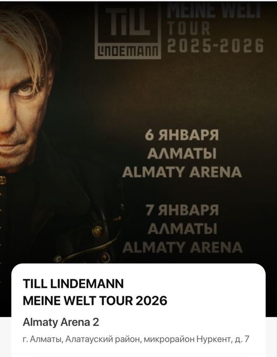 Продам билеты на 1 Фан зону концерта Lindeman на 7 января 2026 года