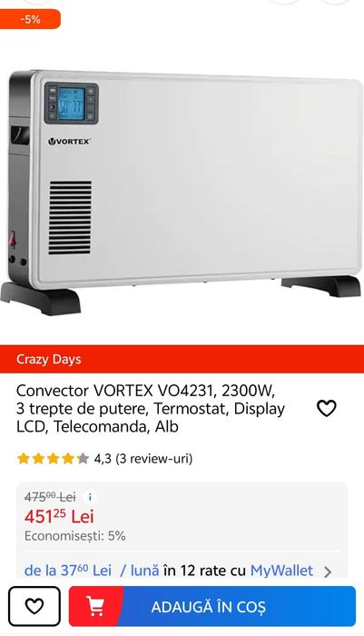 Convector Electric VORTEX VO4231, 2300W, 3 trepte de putere, Termostat