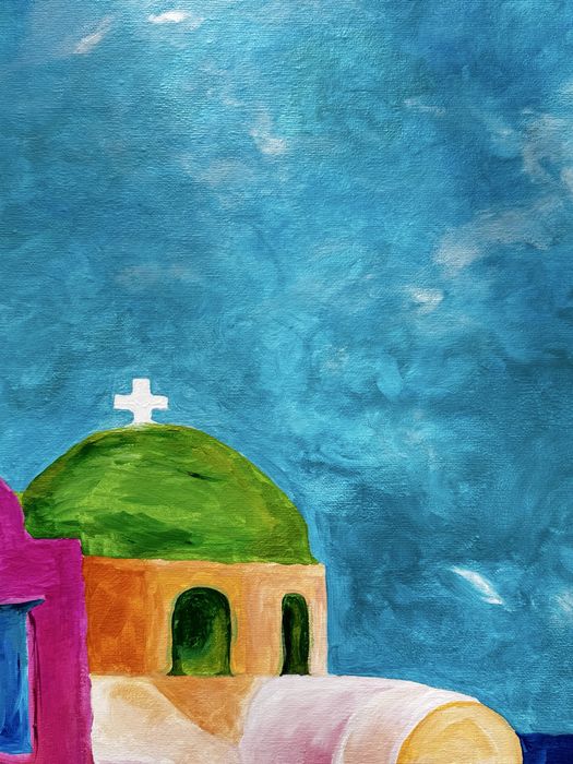 Tablou acrilic 50x70 cm Peisaj mediteranean colorat, pictat manual