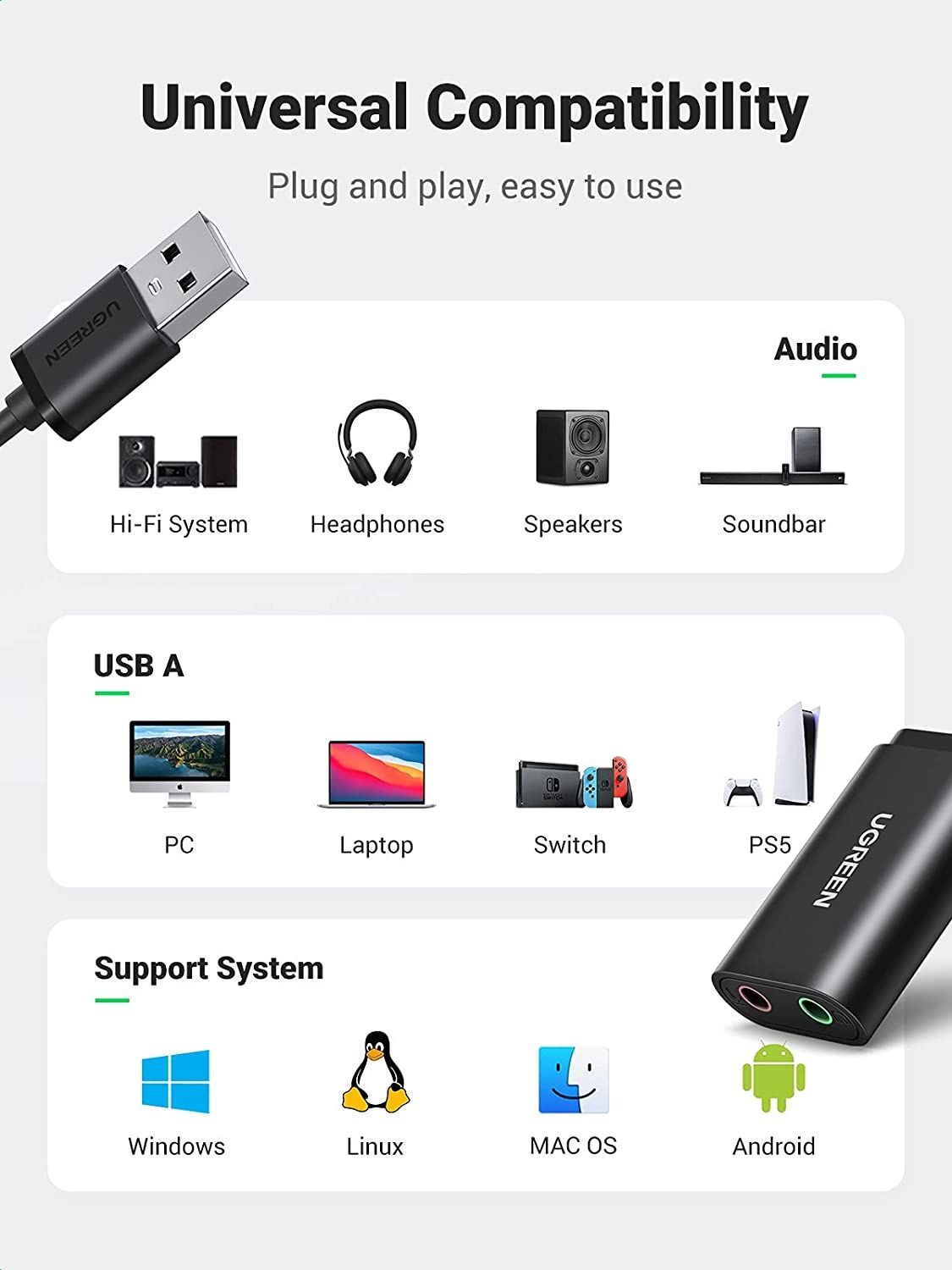 # UGreen US205 USB2.0 to AUX Sound Card Звуковая карта внешняя адаптер