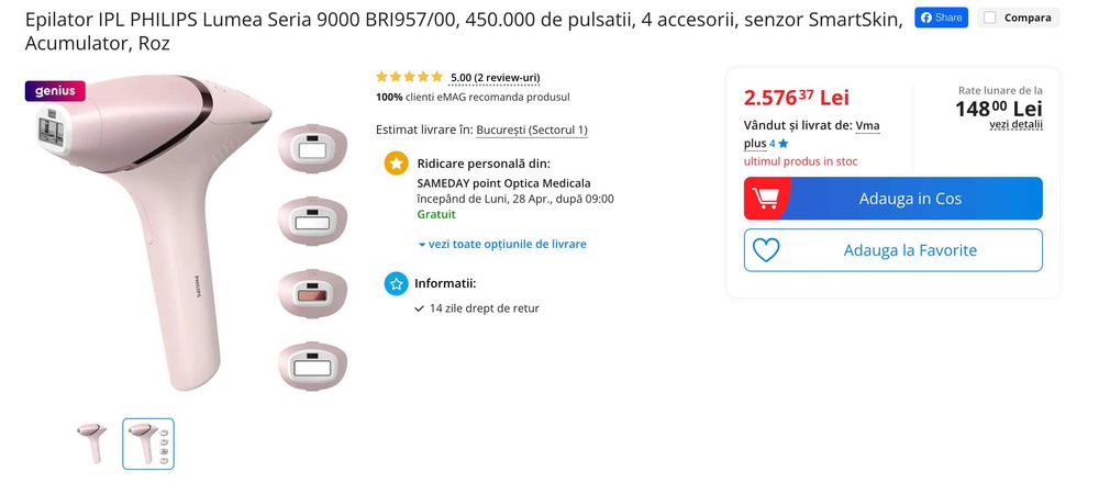 Epilator IPL PHILIPS Lumea Seria 9000 BRI957/00, 450.000 de pulsatii