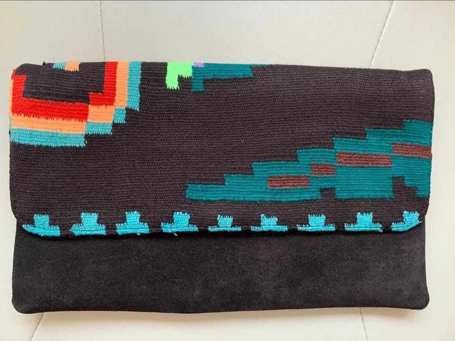 Plic geanta piele intoarsa și țesătura tradiționala lana vintage nu ie