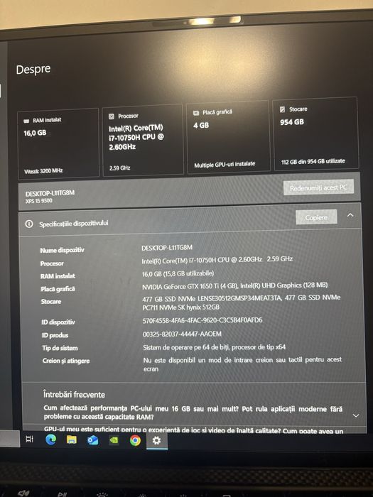 Laptop dell XPS 9500 16 gb GTX 1650 TI 1000 gb ssd nvme 15.6 UHD i7
