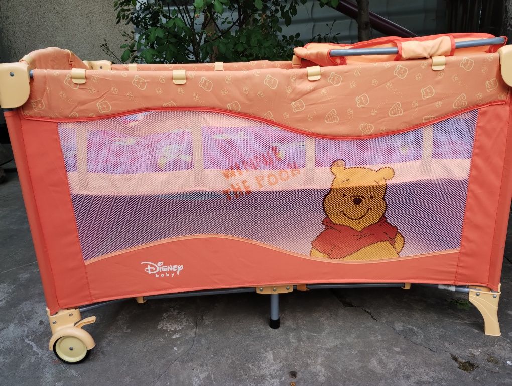 Pătuț Copii pliabil, 2 nivele, țarc Winnie the Pooh