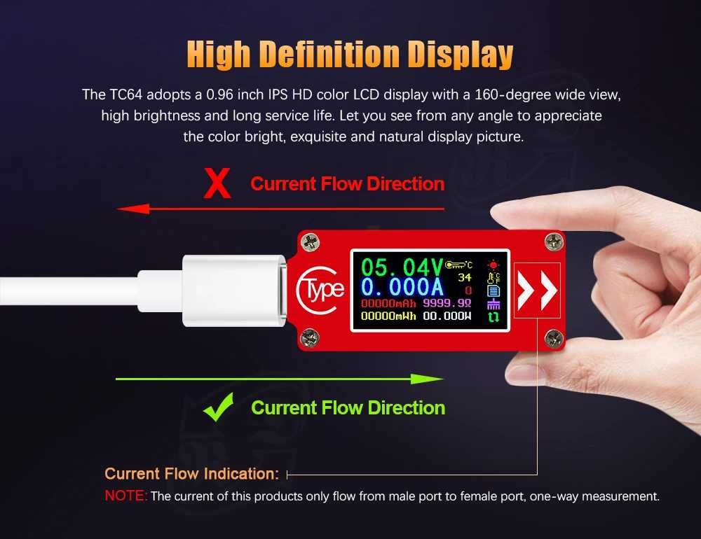 USB Tester TC64 Type-C Color LCD Voltmeter Meter Multimeter тестер