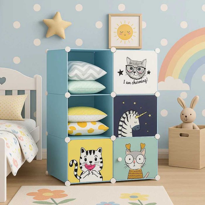 Dulap modular pentru copii, Alb/Albastru, 6 rafturi, durabil