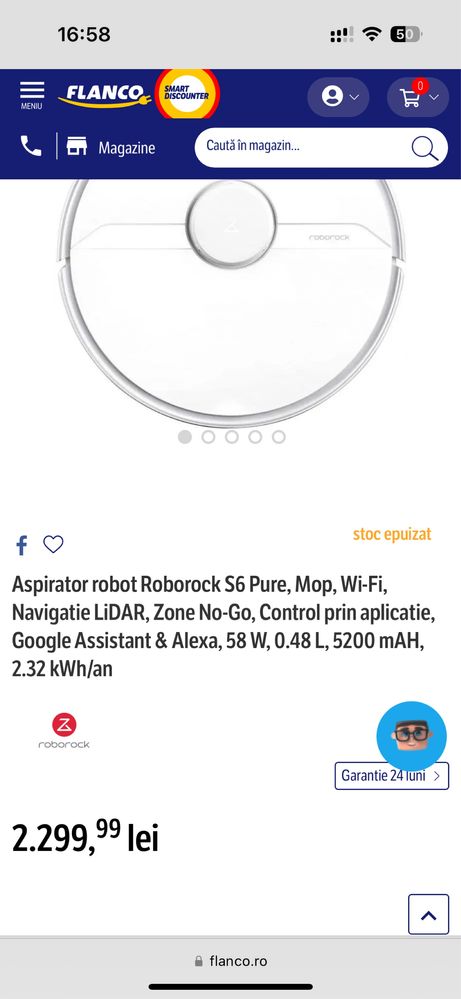 Aspirator robot Roborock S6 Pure, Mop, 58 W, Navigatie LiDAR