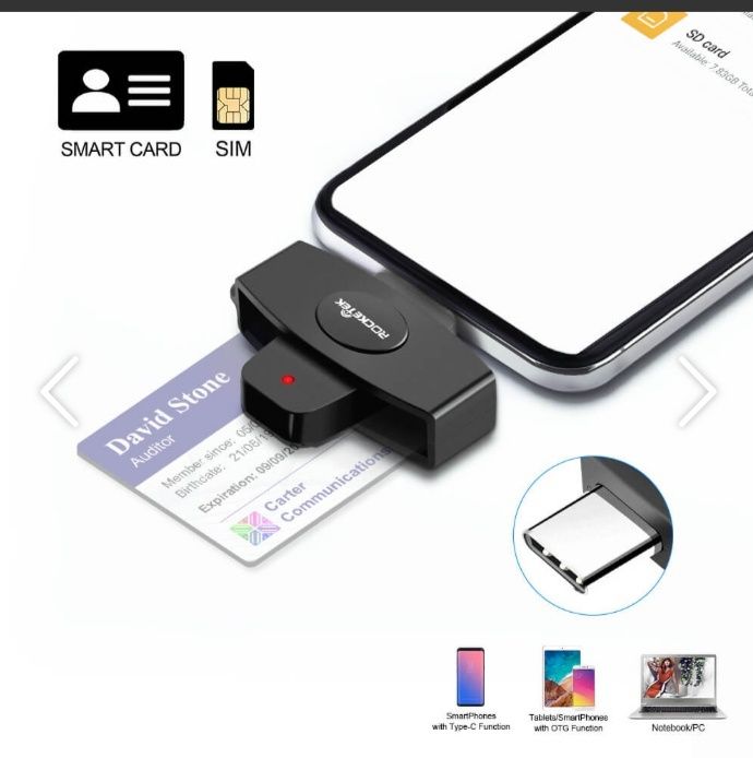 ROCKETEK CSCR3 Type-C Smart CAC Card Reader IC ID SIM Bank Card Adapte