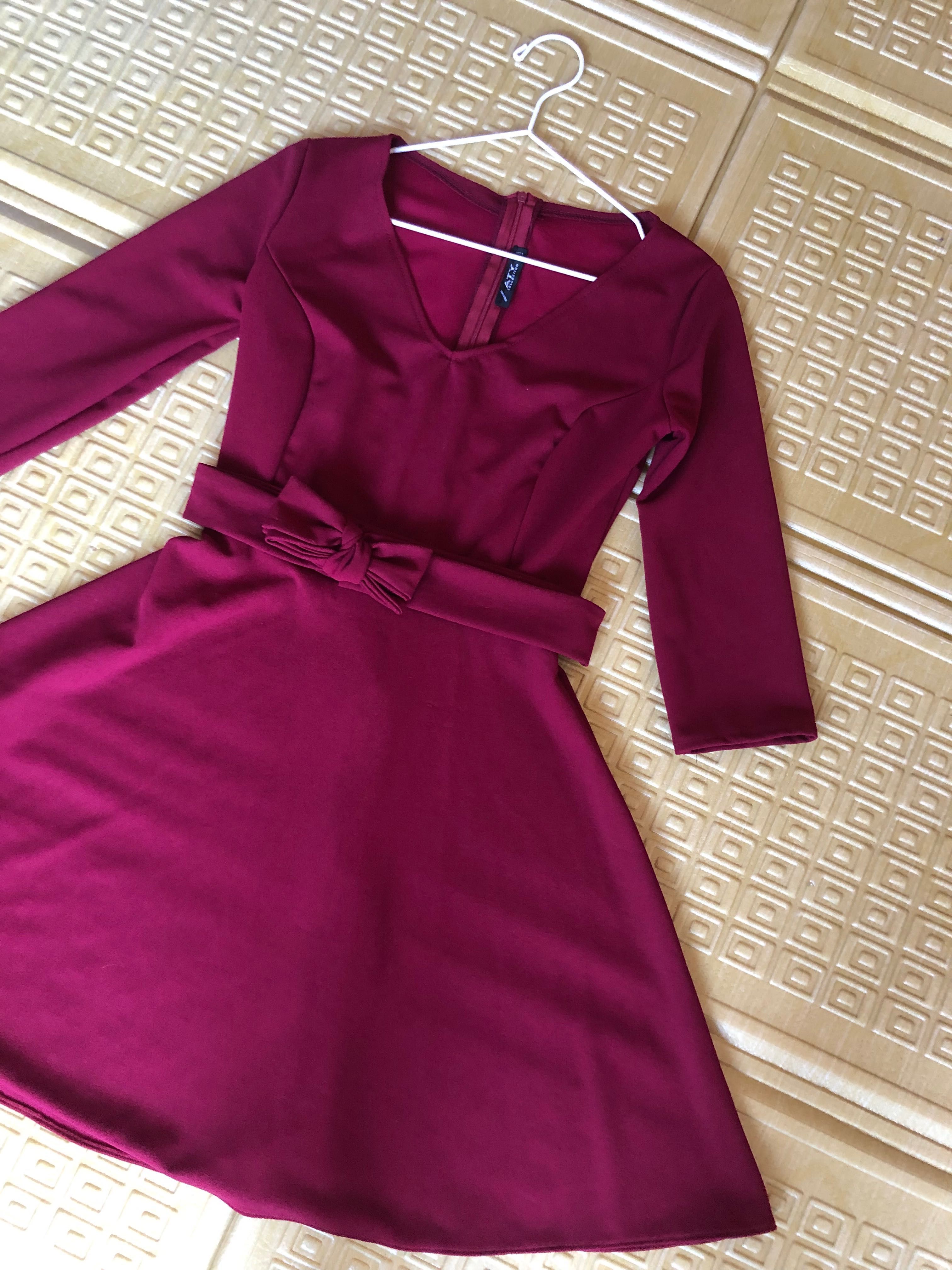 Rochie bordo cu maneca si cordon in talie