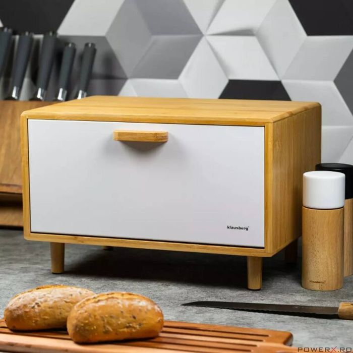 Cutie pentru paine, din bambus, cu picioare, maro cu alb, Klausberg