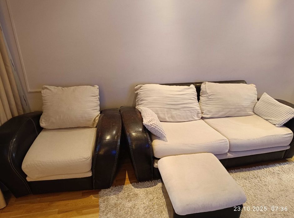 ЧЕРЕН ПЕТЪК – Диван 2-ка + фотьойл + табуретка от естествена кожа и те