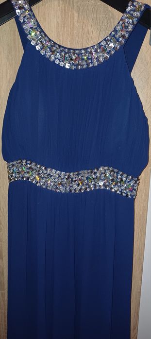 Официална синя рокля с камъни и пайети