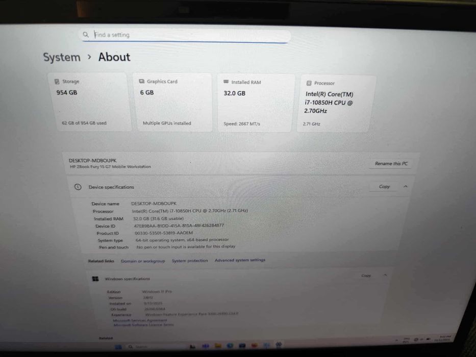 Laptop HP Zbook Fury 15 G7, I7-10850H, 32Gb Ram, 1Tb SSD, RTX3000 6Gb.