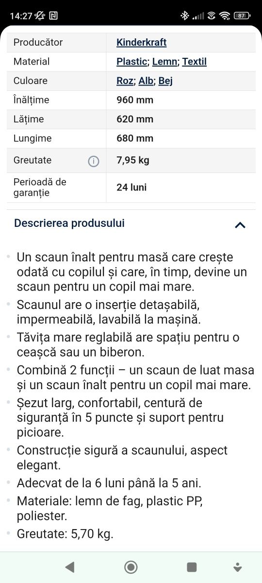 Scaun de masă 2 în 1 pentru bebeluși TIXI roz KINDERKRAFT