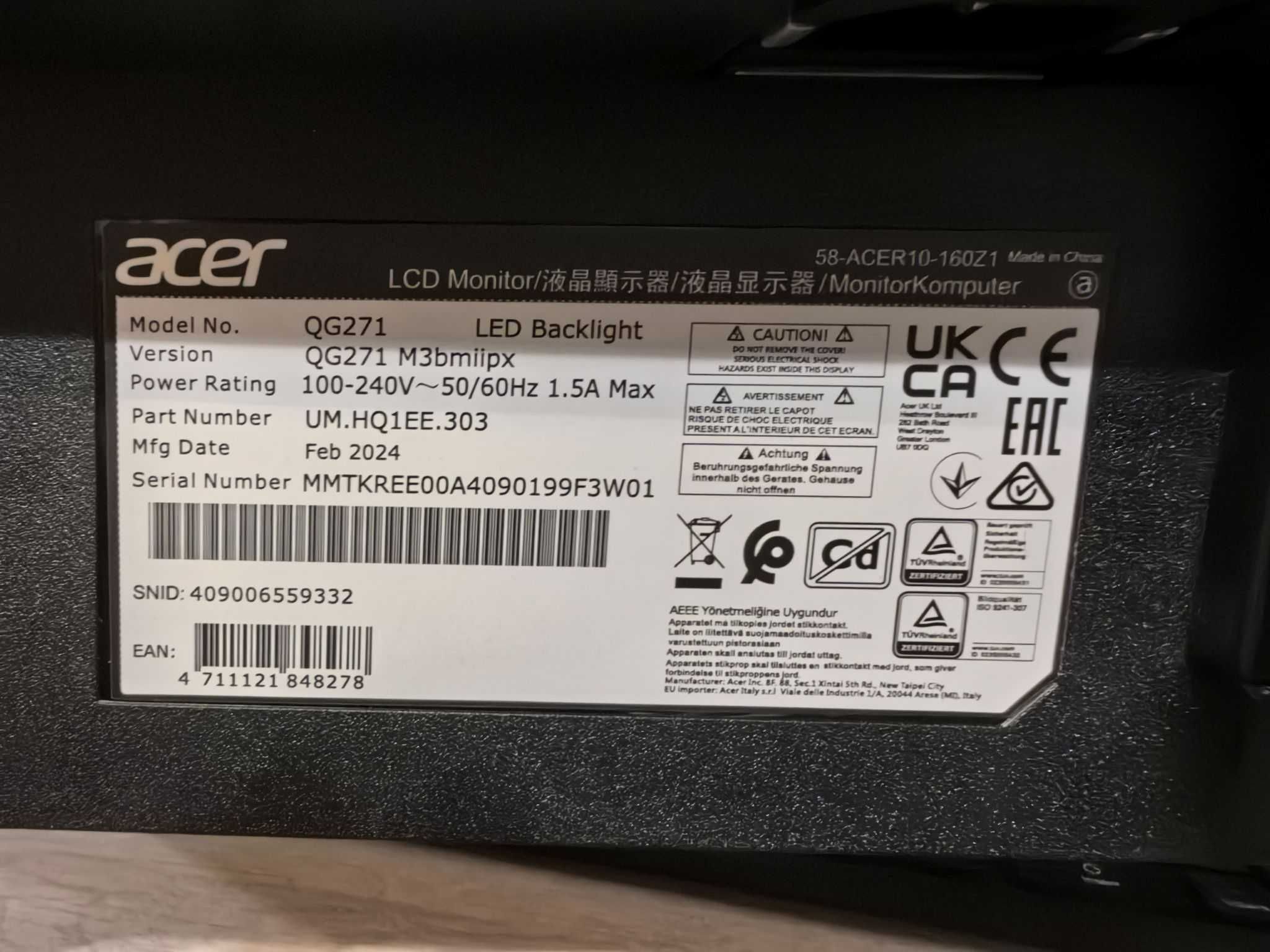 Продавам Гейминг монитор Acer - Nitro QG271 27" + 23 м. гаранция