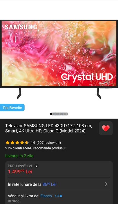 Televizor SAMSUNG 108 cm, Smart, 4K Ultra HD cutie