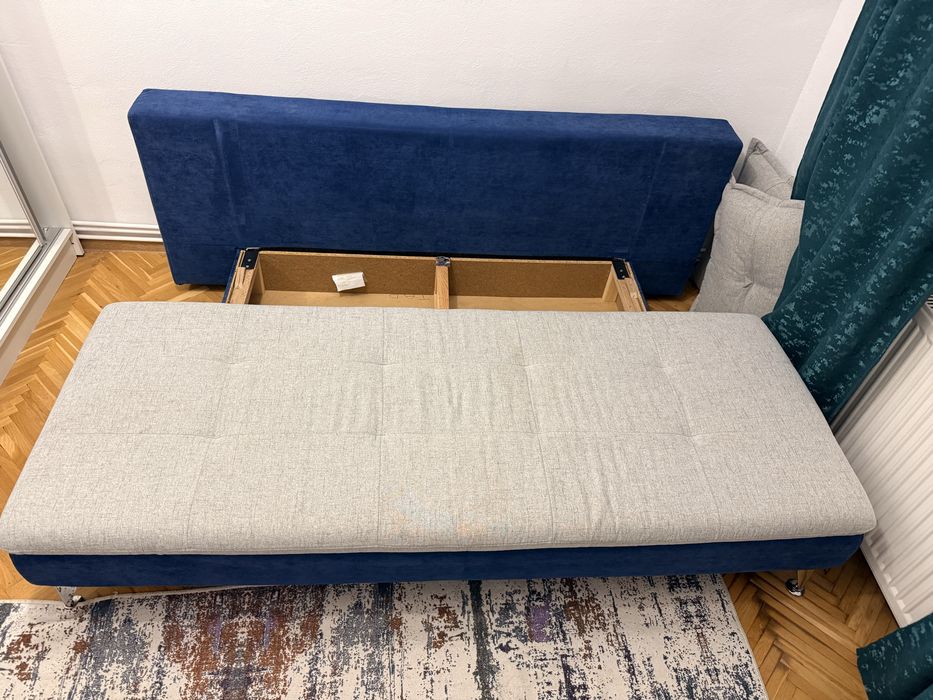 Canapea extensibila gri albastrude inalta calitate cu lada depozitare