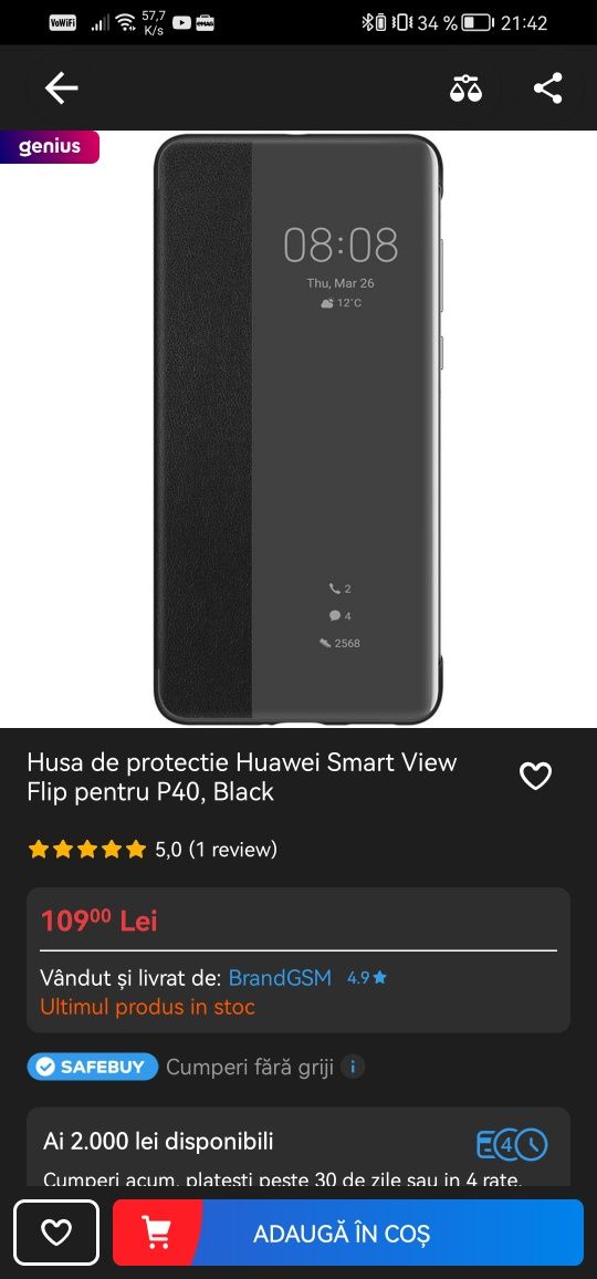 Husa de protectie originală Huawei Smart View Flip pentru P40, Black