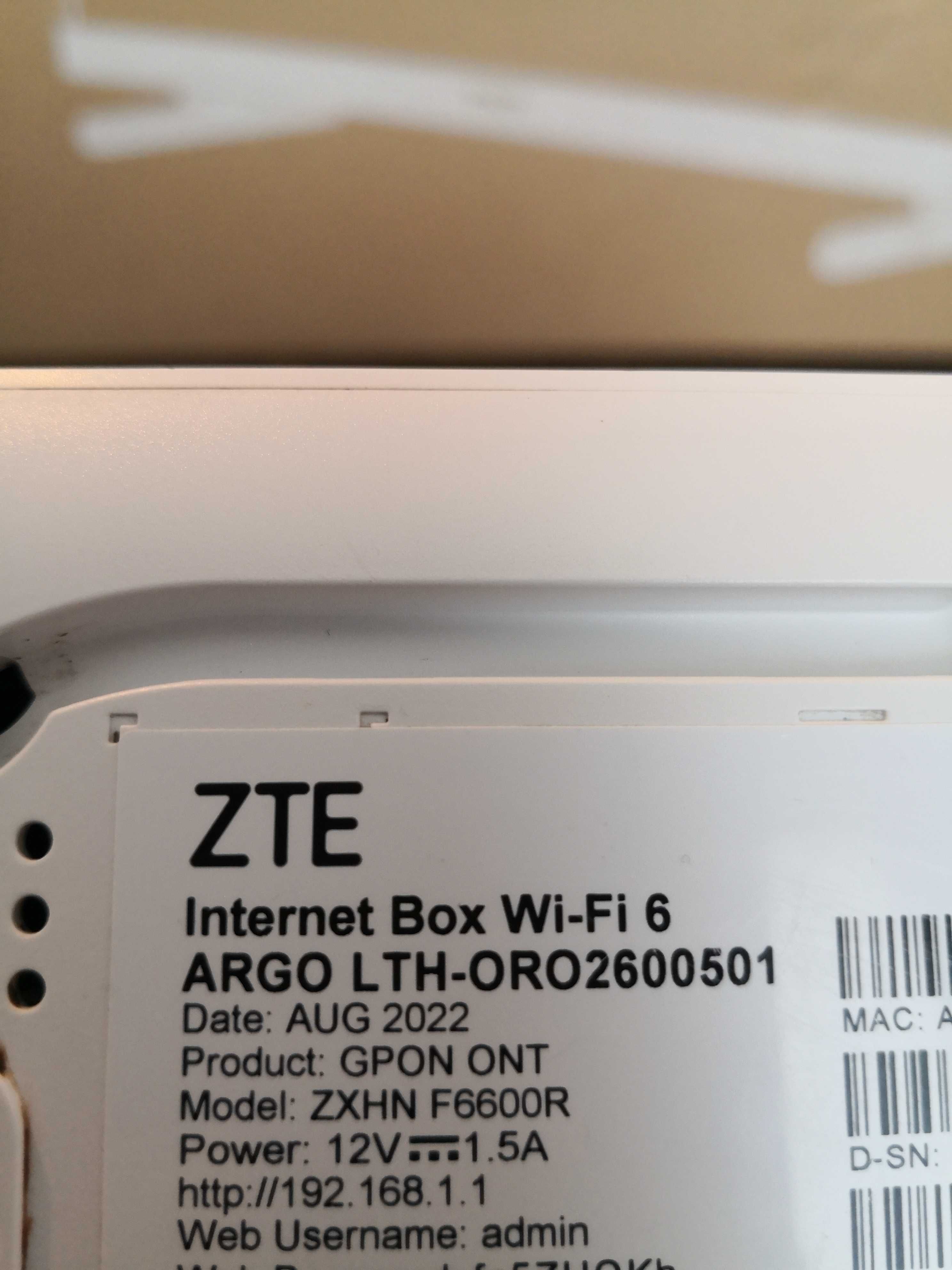 Router  Internet Box WIFI 6 ARGO GPON ONT ZXHN F6600R  ZTE