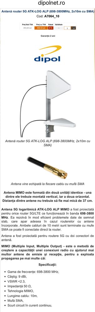 Antenă router 5G ATK-LOG ALP (698-3800MHz, 2x10m cu SMA)