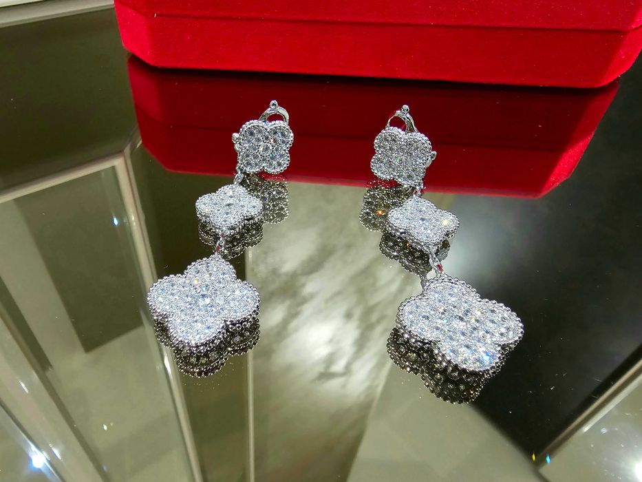 Van Cleef & Arpels VCA Silver 3 Motifs Diamond Alhambra Дамски Обеци