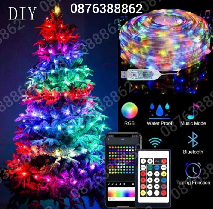 Многоцветни Коледни Лампички 10м. за Елха с Блутуут и Дистанционно