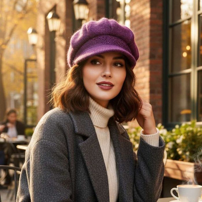 Елегантна зимна плетена шапка с козирка и камъчета