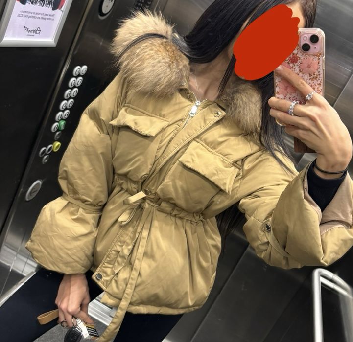 Зимно Яке Бежево Гъши пух Естествен Косъм от лисица ракуун