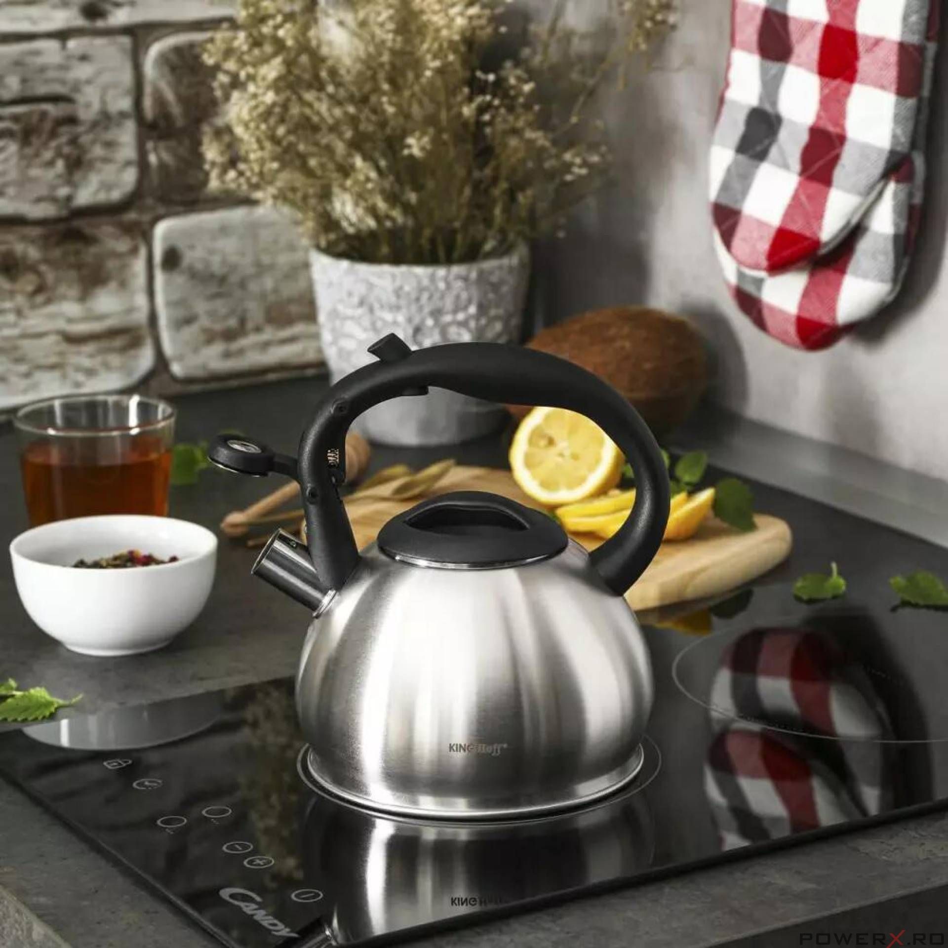Ceainic cu sita, inox, 1.2l argintiu cu maner negru, Kinghoff