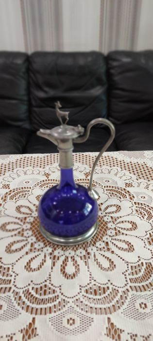 Уникална Старинна Гарафа Кана Декантер Кобалтово Стъкло