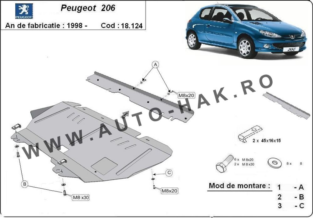 Scut motor metalic Peugeot 206 1998-prezent