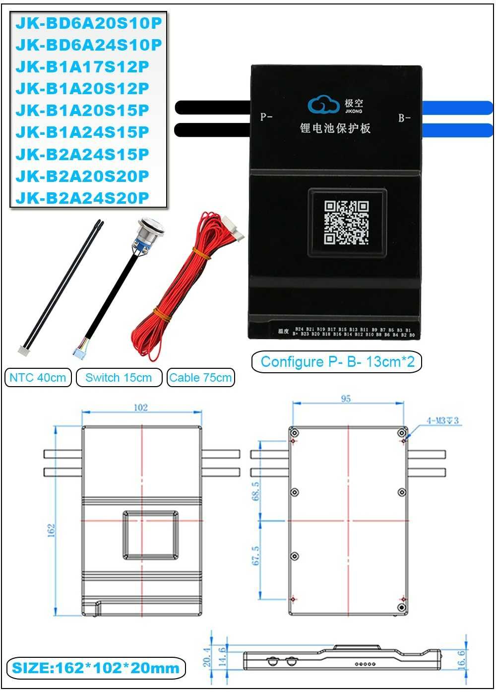 JK BMS, Egalizator Baterii Smart model BD6A24S10P, 100A-200A, 0.6A