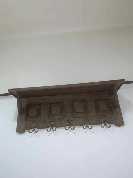 Cuier de perete din lemn masiv 5 carlige din bronz vintage
