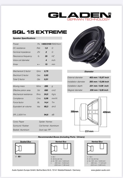Subwoofer Gladen SQL 15 Extreme