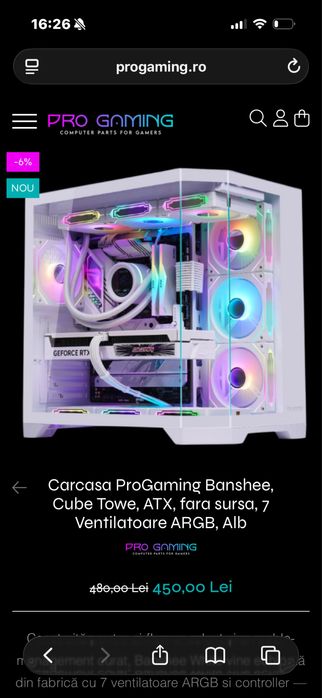 Sigilat Carcasa PC ProGaming Banshee white 7 ventilatoare ARGB