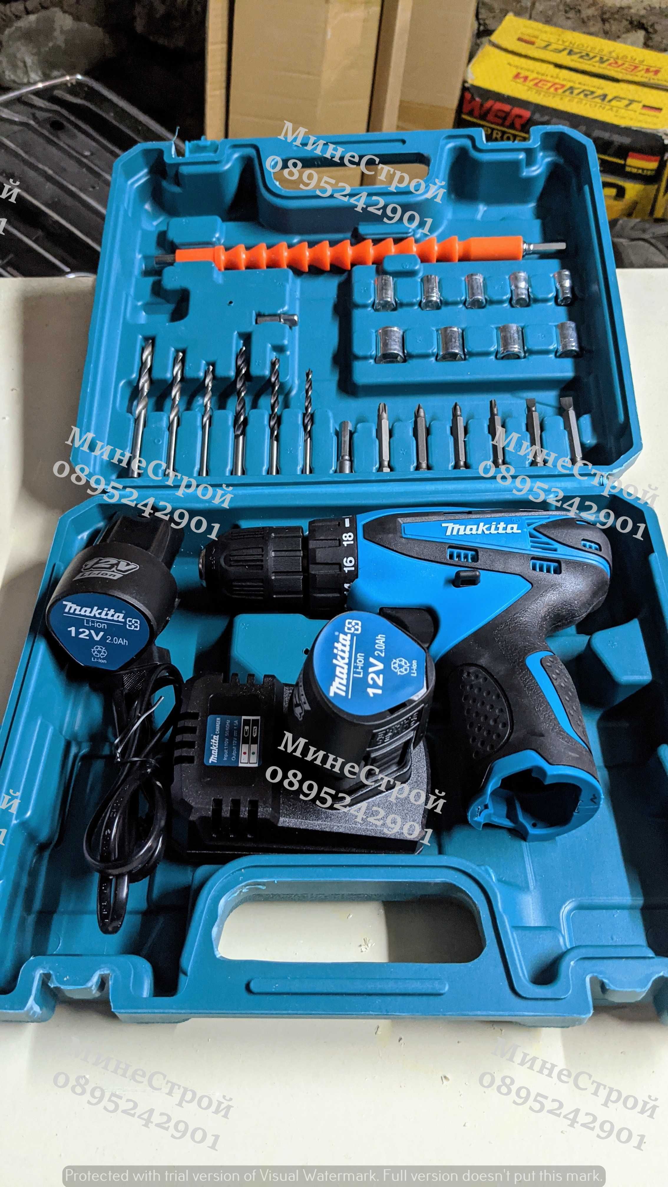 Акумулаторен Винтоверт Makita 12V 2Ah + 2 батерии и накрайници Макита